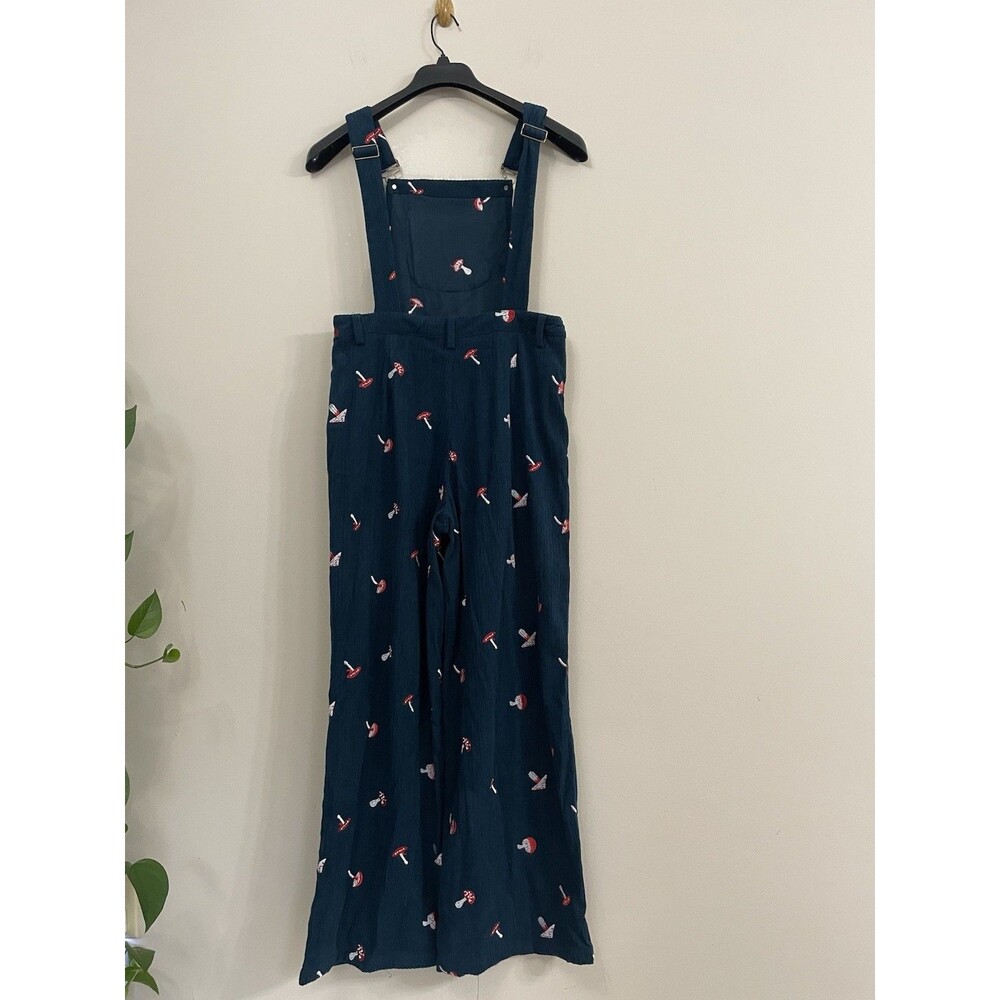 CIDER Blue Corduroy Wide-Leg Jumpsuit Mushroom Embroidered Square Neck Size M - Picture 3 of 10